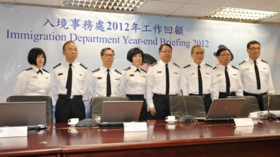 The Director of Immigration, Mr Chan Kwok-ki (fourth right), chairs the Immigration Department year-end review for 2012 today (February 8)